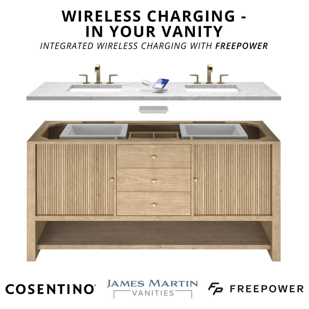 James Martin Hudson 60" Double Bathroom Vanity in Honey Oak with 3 cm Eternal Jasmine Pearl Silestone Top, Rectangular Sinks and FreePower Wireless Charger, , large