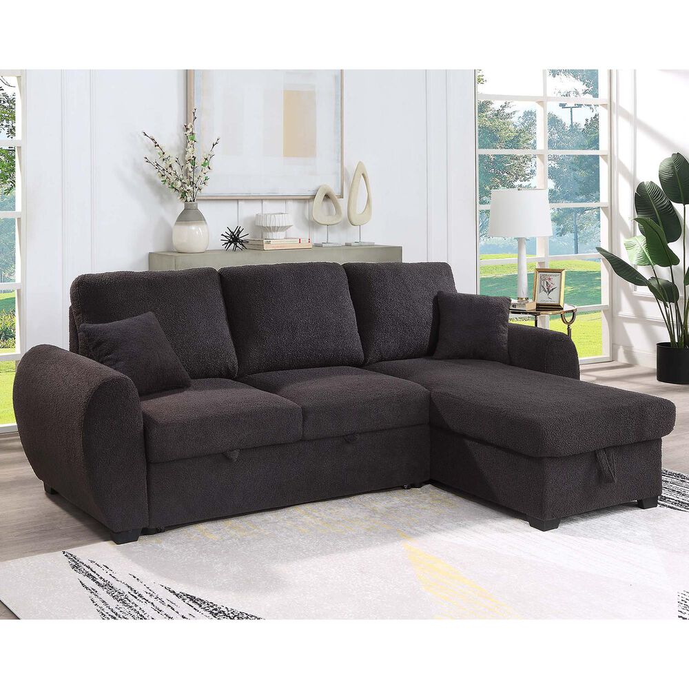 HOMLUX 95"W Teddy Fleece Reversible Sleeper Sectional Sofa with Storage Chaise in Black, , large