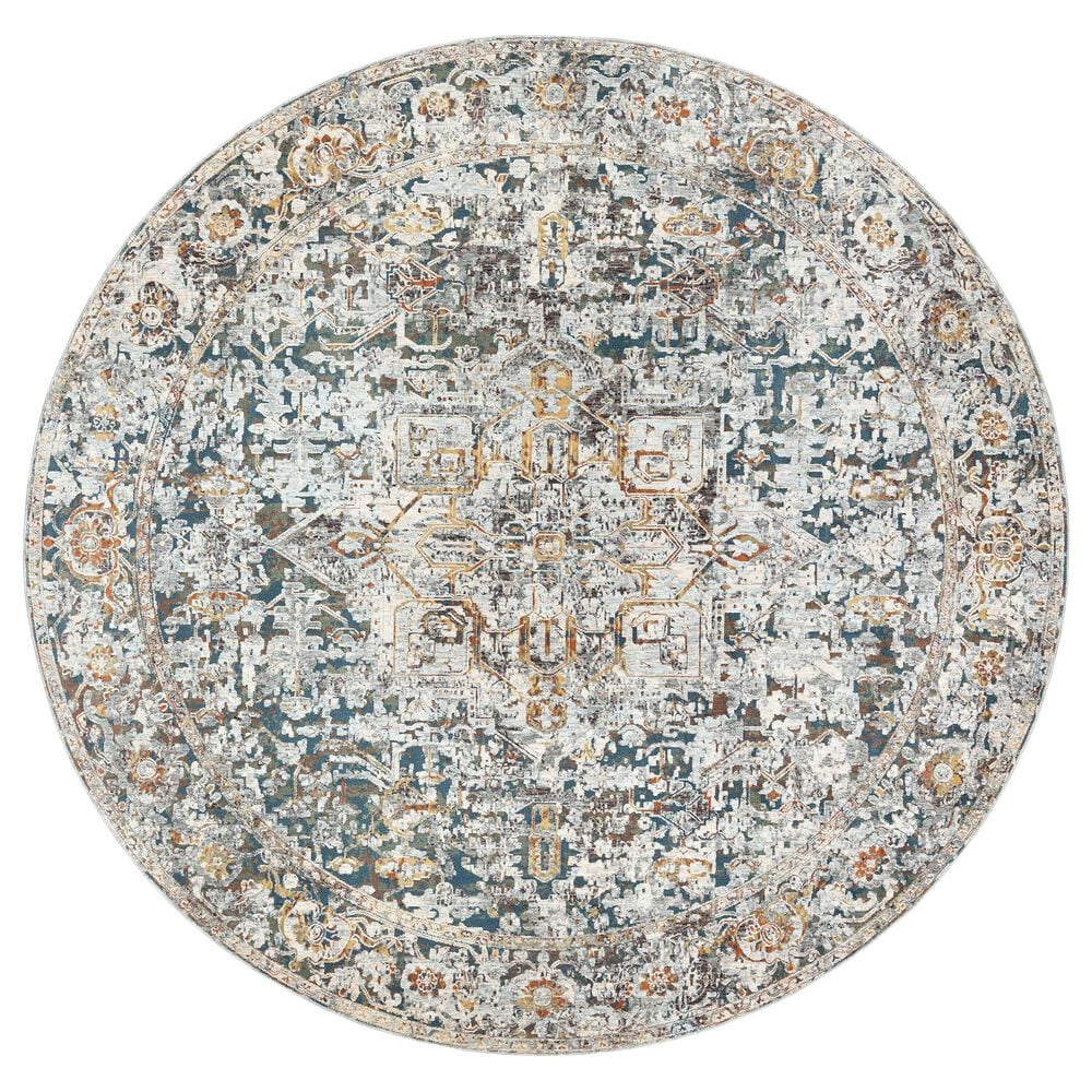 Surya Presidential PDT-2300 7"9" Round Blue, Gray and Orange Area Rug, , large