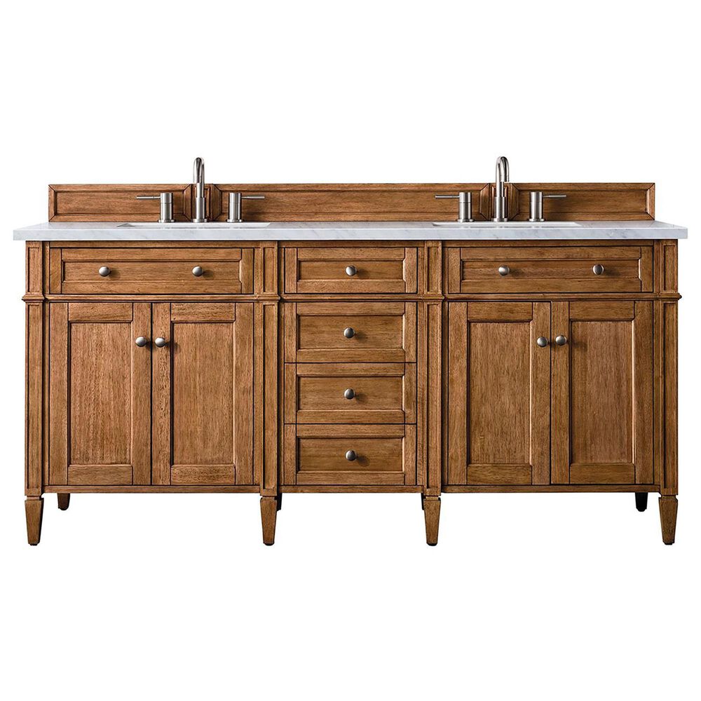James Martin Vanities Brittany 72" Double Bathroom Vanity in Saddle Brown with 3 cm Eternal Jasmine Pearl Quartz Top and Rectangular Sink, , large