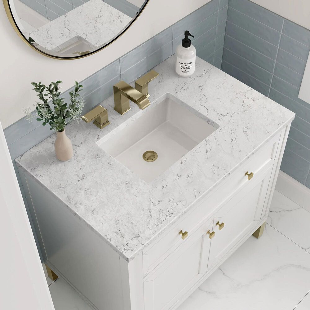 James Martin Vanities Chicago 36&quot; Single Bathroom Vanity in Glossy White with 3 cm Eternal Jasmine Pearl Quartz Top and Rectangular Sink, , large