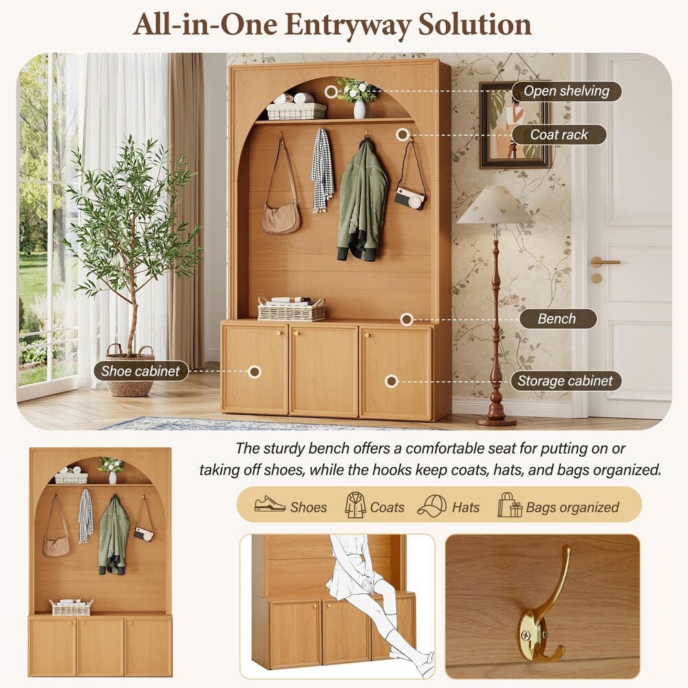 HOMLUX 4-Hook Hall Tree with Entryway Storage Bench in Natural, , large