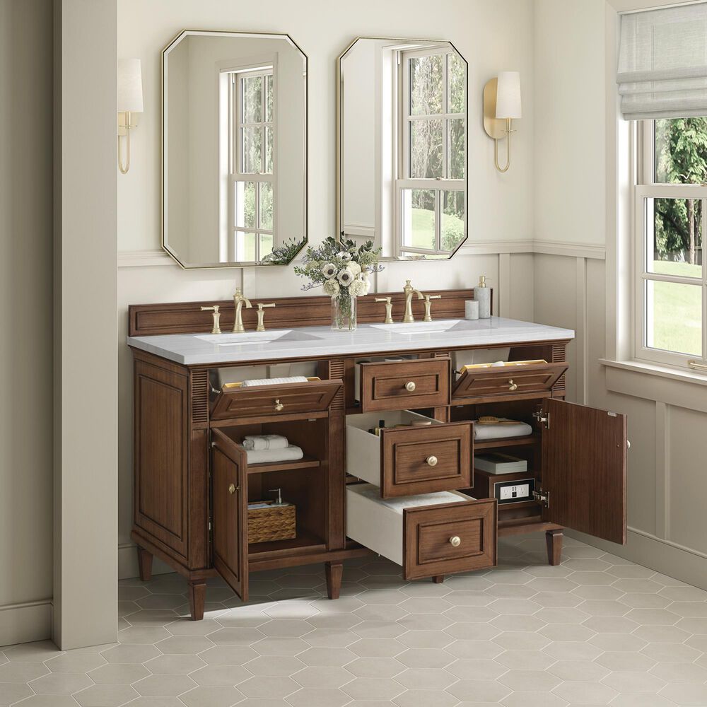 James Martin Vanities Lorelai 60&quot; Double Vanity in Mid-Century Walnut with 3 cm Arctic Fall Solid Surface Top, , large