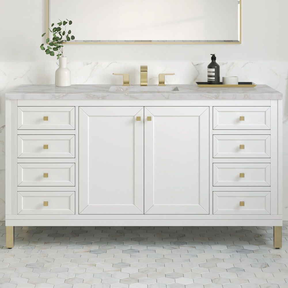 James Martin Vanities Chicago 60&quot; Single Bathroom Vanity in Glossy White with 3 cm Victorian Silver Quartz Top and Rectangular Sink, , large