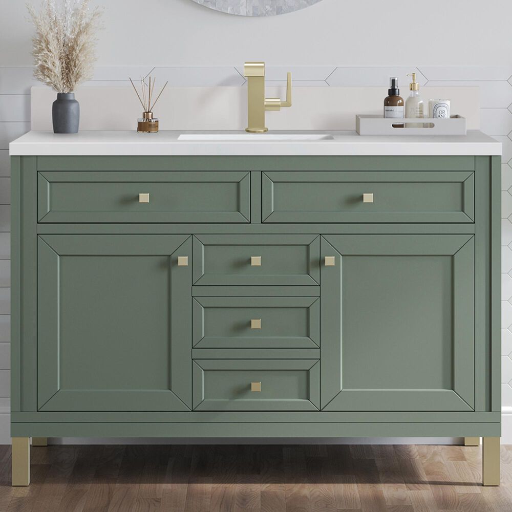 James Martin Vanities Chicago 48&quot; Single Bathroom Vanity in Smokey Celadon with Single Hole 3 cm White Zeus Quartz Top and Rectangular Sink, , large