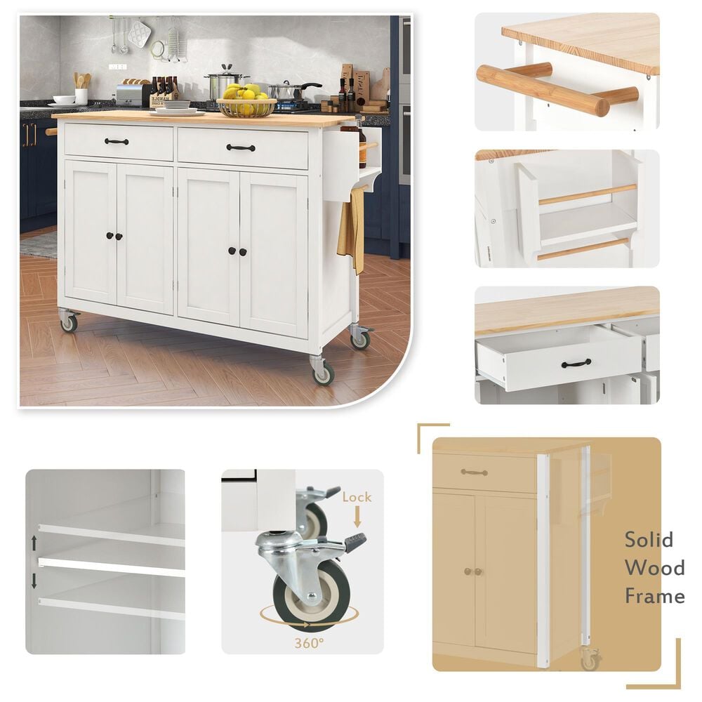 HOMLUX 54" Kitchen Island Cart with Solid Wood Top and Locking Wheels in White, , large