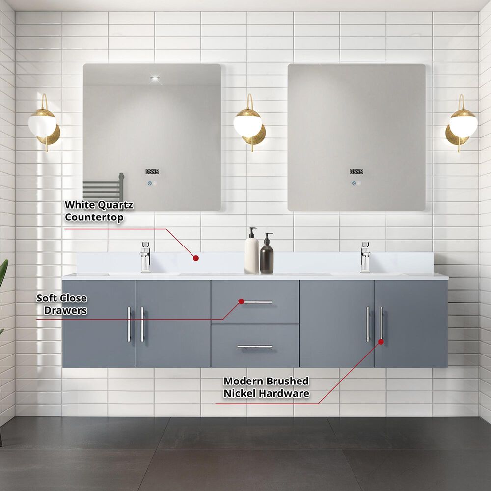 Lexora Home Geneva 80&quot; Double Bathroom Vanity in Dark Grey with 2 cm White Quartz Top and Rectangular Sinks, , large