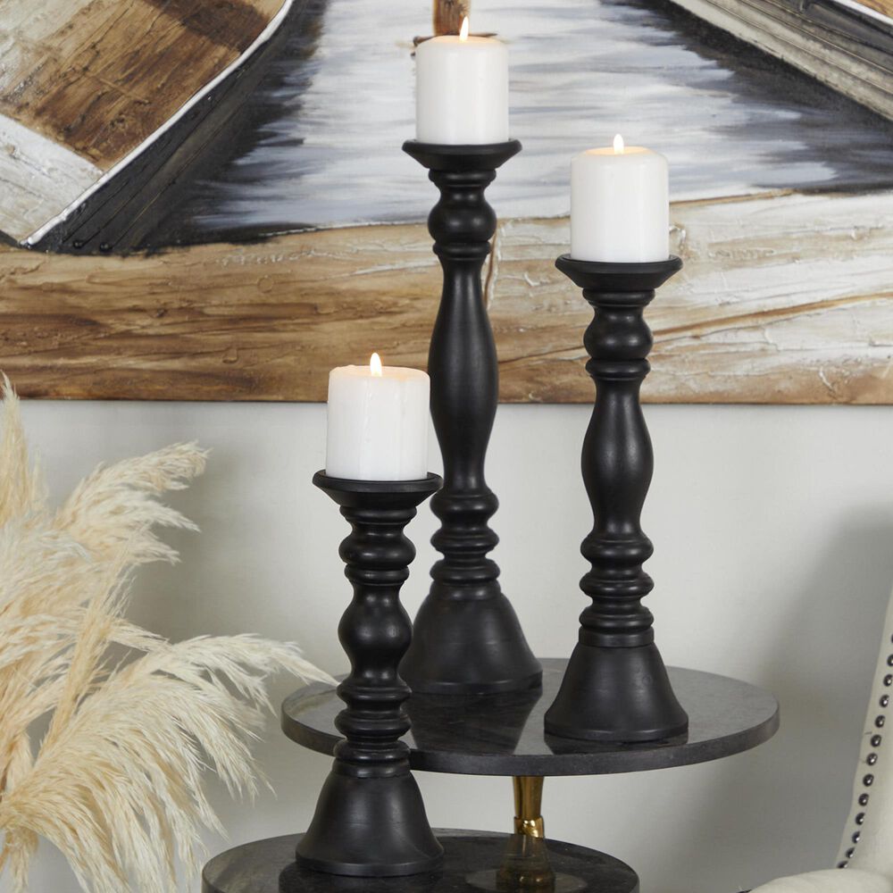 Maple and Jade 12&quot;, 15&quot;, 18&quot; Turned Style Pillar Decorative Candle Holder in Black &#40;Set of 3&#41;, , large