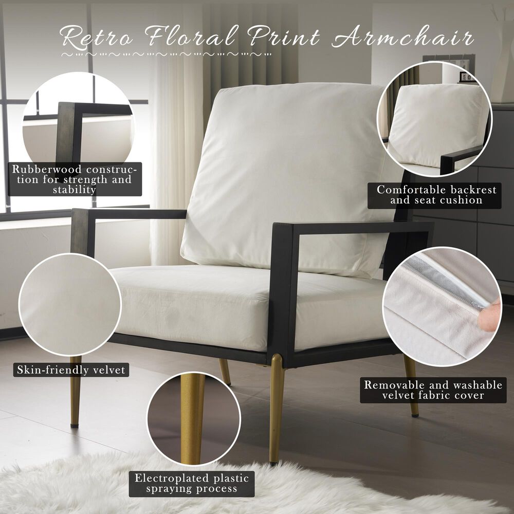 Hearth and Haven Velvet Lounge Arm Chair with Gold Metal Legs in White, , large