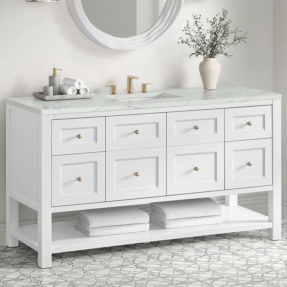 James Martin Vanities Breckenridge 60&quot; Single Bathroom Vanity in Bright White with 3 cm Ethereal Noctis Quartz Top and Rectangular Sink, , large
