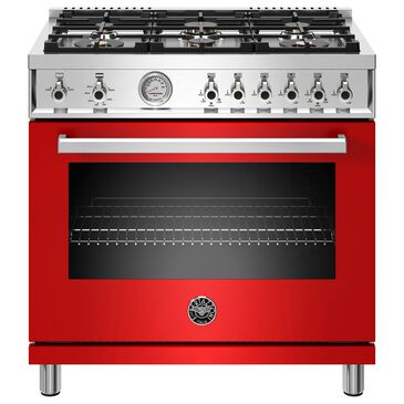 Bertazzoni 36" All Gas Range with 6 Brass Burners in Rosso, , large