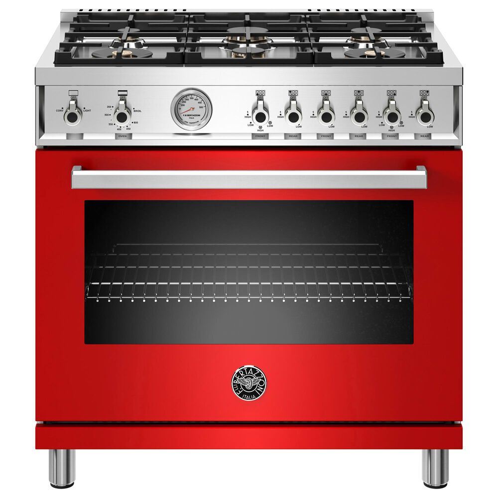 Bertazzoni 36" All Gas Range with 6 Brass Burners in Rosso, , large