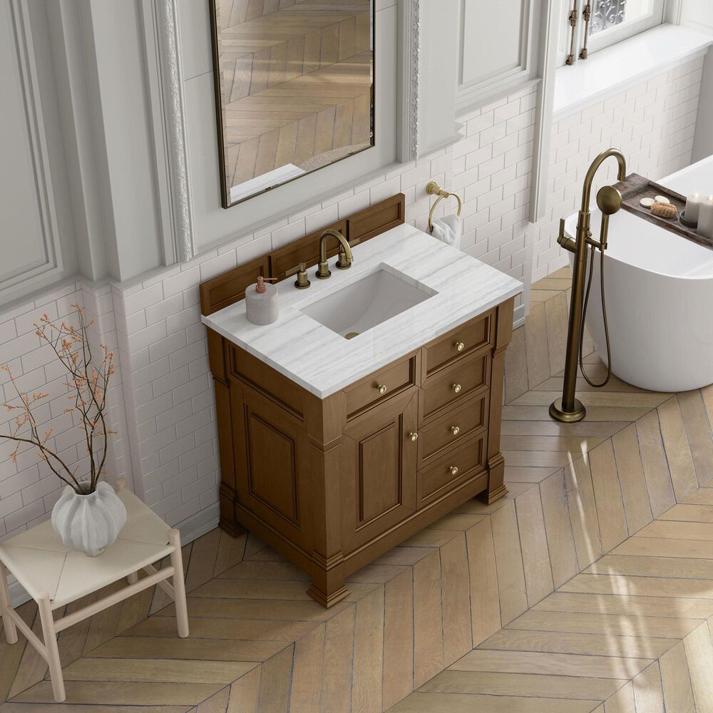 James Martin Vanities Brookfield 36&quot; Single Bathroom Vanity in Honey Oak with 3 cm Arctic Fall Solid Surface Top and Rectangular Sink, , large