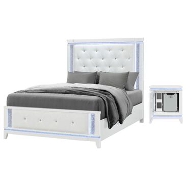 Global Furniture USA Alina 2-Piece Full Upholstered Panel LED Bed with Nightstand in White, , large