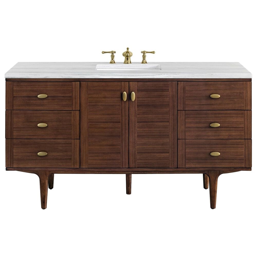 James Martin Vanities Amberly 60" Single Bathroom Vanity in Walnut with 3 cm Arctic Fall Solid Surface Top and Rectangular Sink, , large