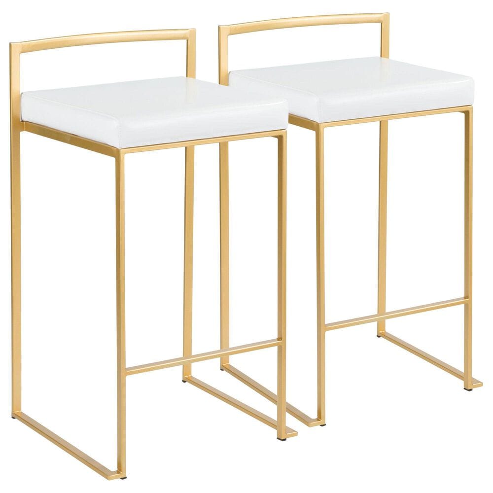 Lumisource Fuji High Back Counter Stool with White Faux Leather Cushion in Gold (Set of 2), , large