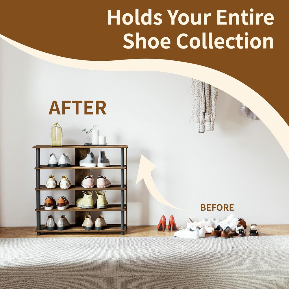 HOMLUX 5-Tier Shoe Rack in Amber Pine and Black, , large