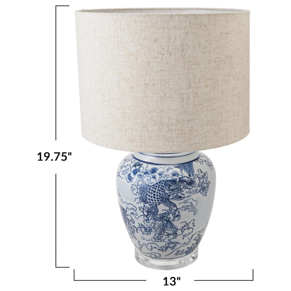 Teak Interiors Dapper Home Hand-Painted Ceramic Table Lamp with Linen Shade, Inline Switch in Blue and White, , large