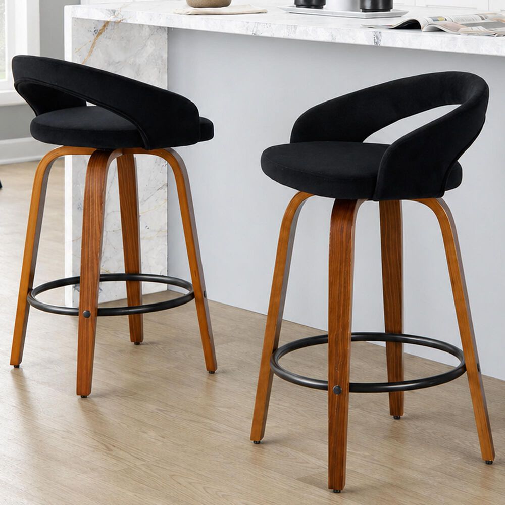 LumiSource Grotto Swivel Counter Stool with Black Velvet Upholstery in Walnut Wood and Black (Set of 2), , large