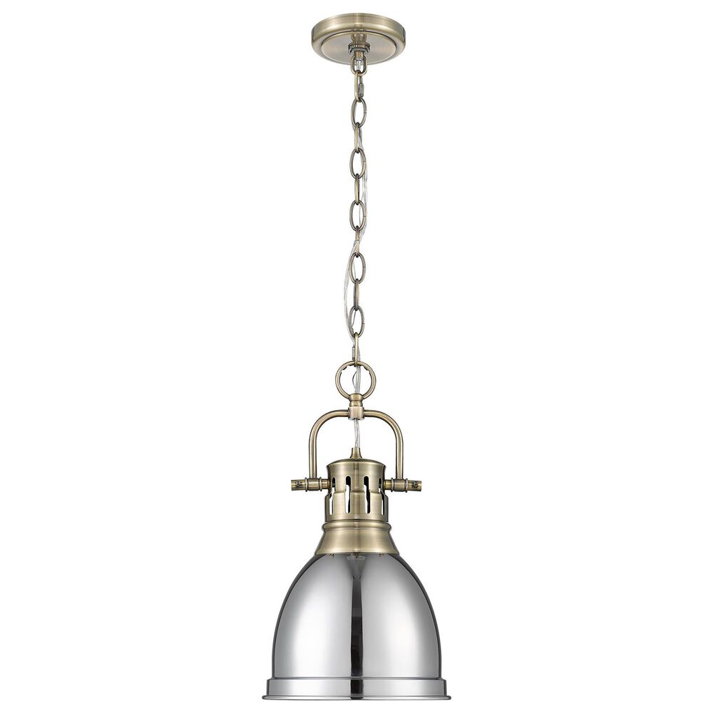 Golden Lighting Duncan 1-Light Small Pendant with Chain and Chrome Shade in Aged Brass, , large