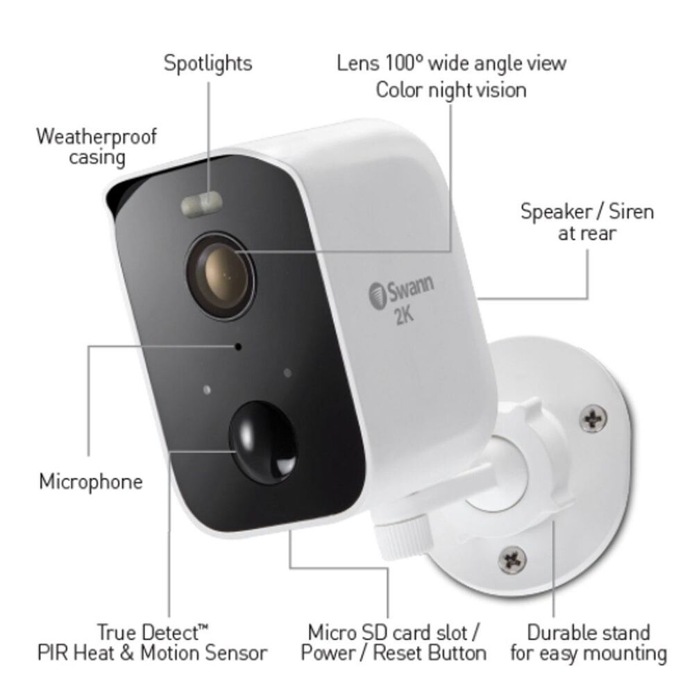 Swann CoreCam Pro Indoor/Outdoor Wire-Free 2K 32GB Micro SD Card with Spotlight &#40;1 Camera&#41;, , large