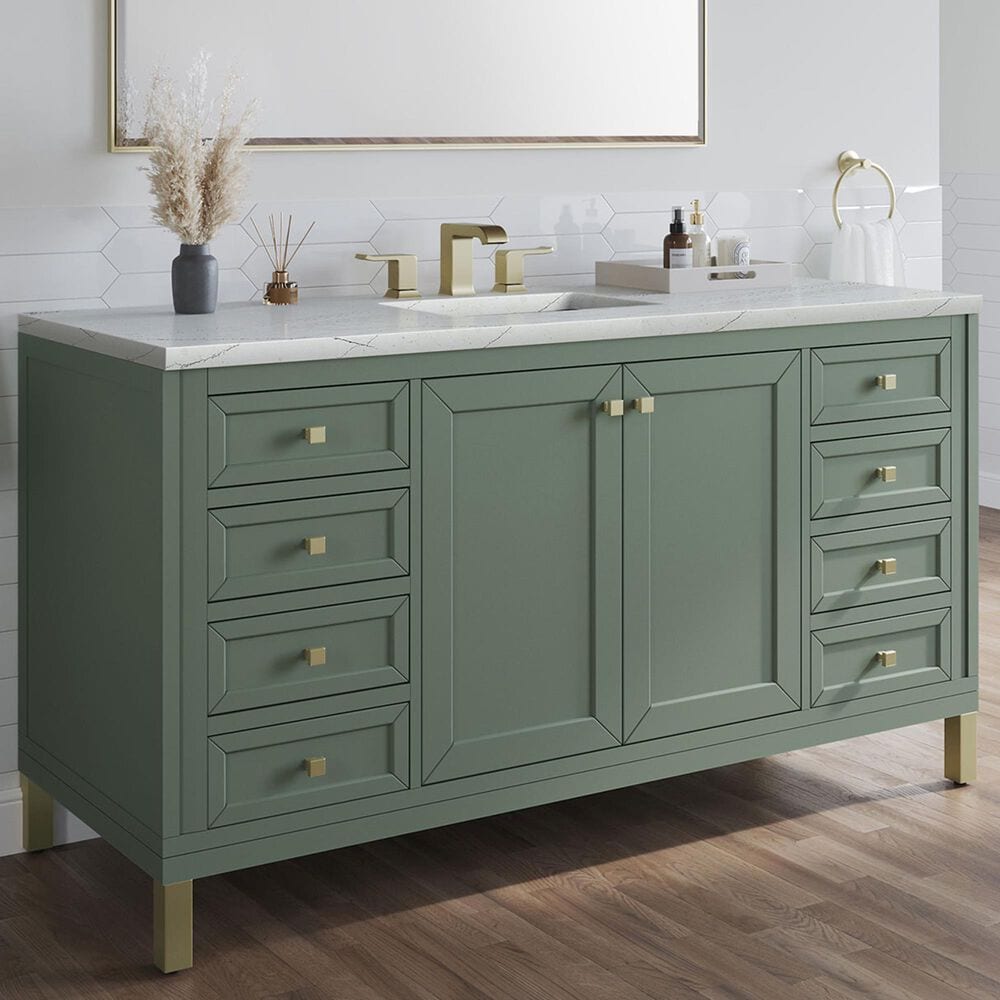 James Martin Vanities Chicago 60" Single Bathroom Vanity in Smokey Celadon with 3 cm Ethereal Noctis Quartz Top, Rectangular Sink and FreePower Wireless Charger, , large