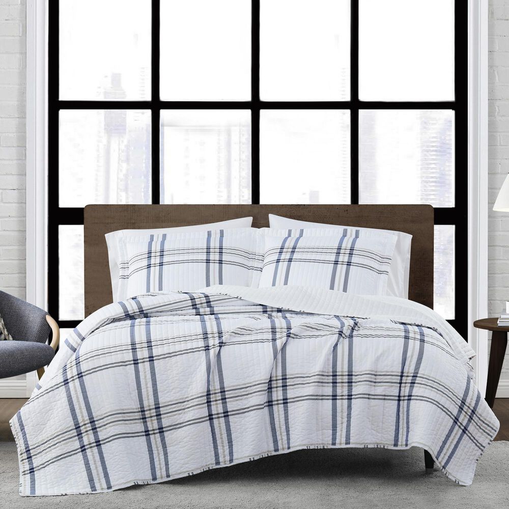 Pem America London Fog Kent 2-Piece Twin XL Quilt Set in White and Blue, , large
