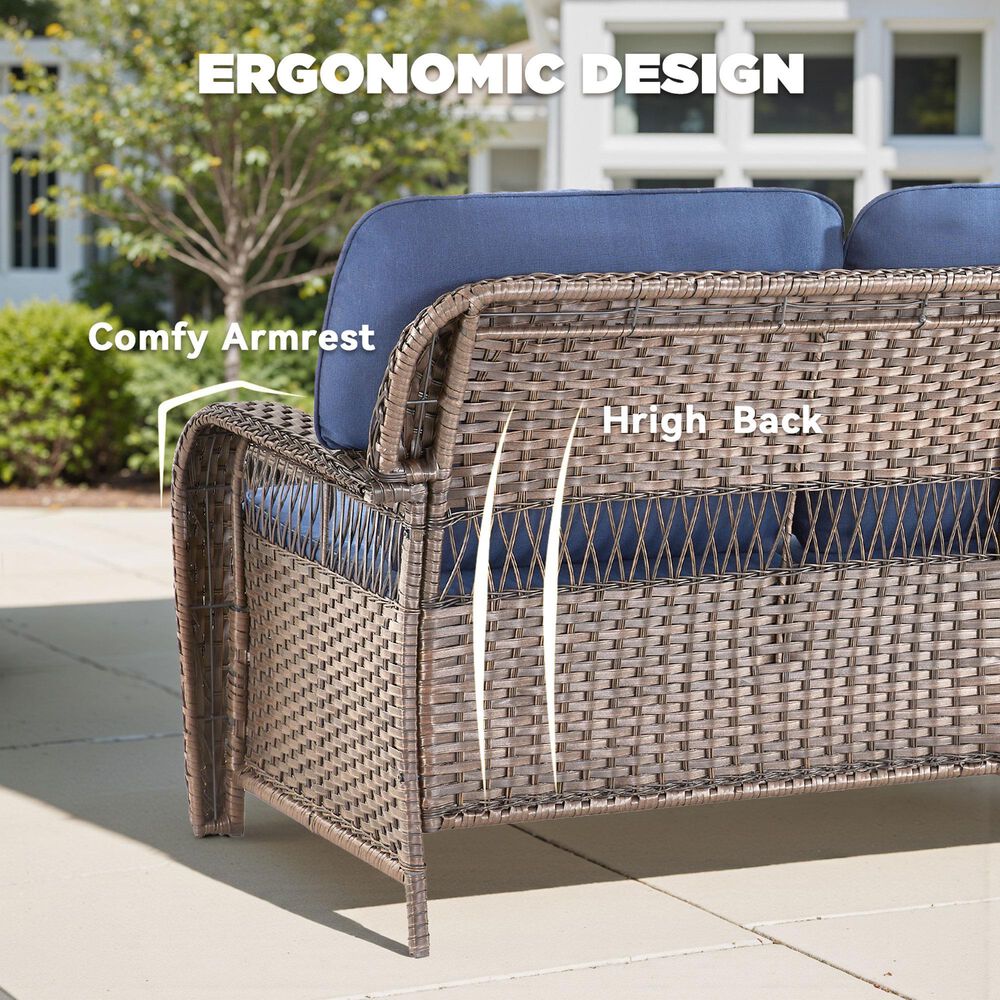 Hearth and Haven Outdoor Sofa with T-back Cushions and Brown Wicker in Blue, , large
