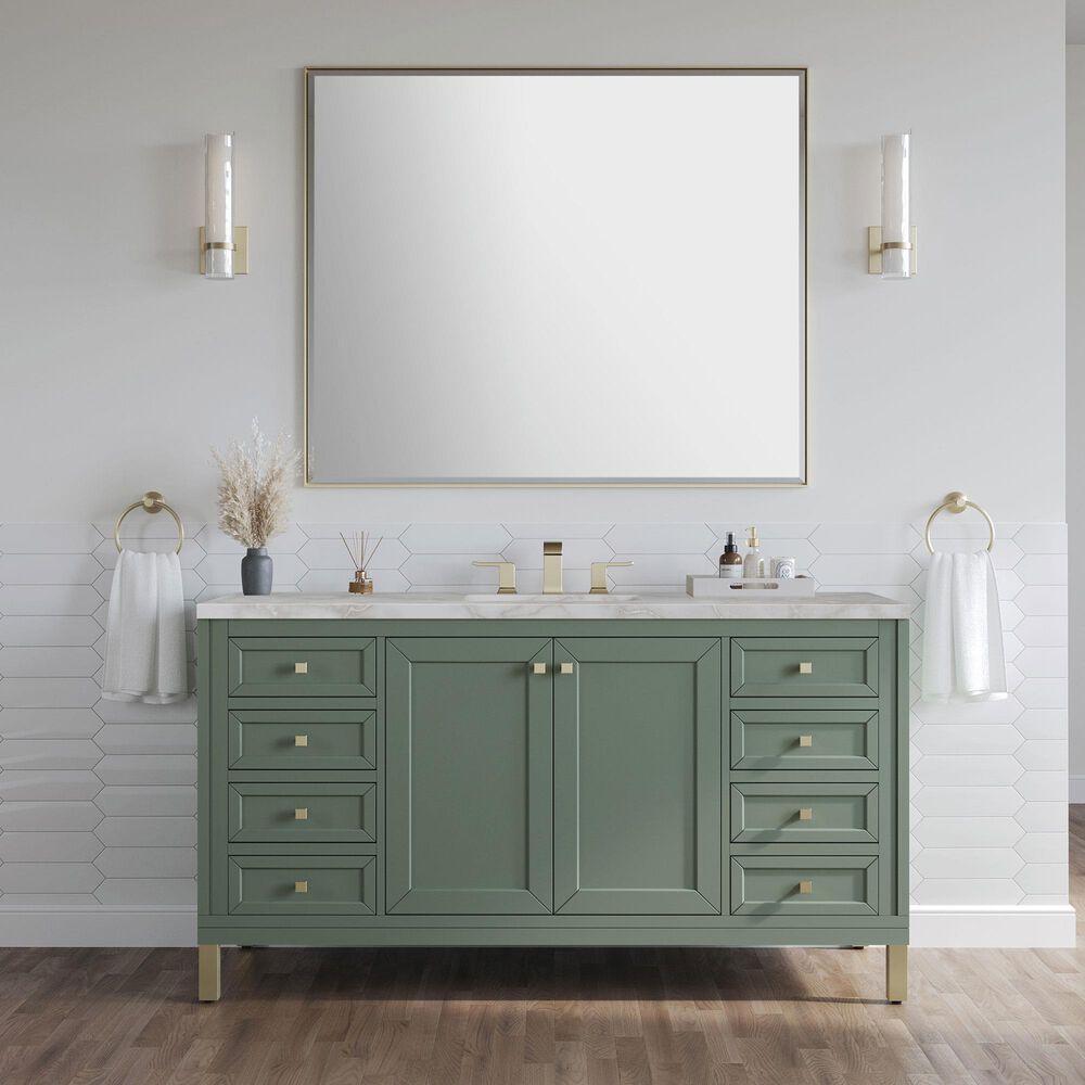 James Martin Vanities Chicago 60" Single Bathroom Vanity in Smokey Celadon with 3 cm Victorian Silver Quartz Top, Rectangular Sink and FreePower Wireless Charger, , large