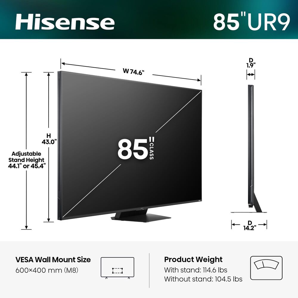 Hisense 85" Class UR9 Series RGB Mini LED 4K - Smart Google TV with 5.1.4 Channel Soundbar System in Black, , large