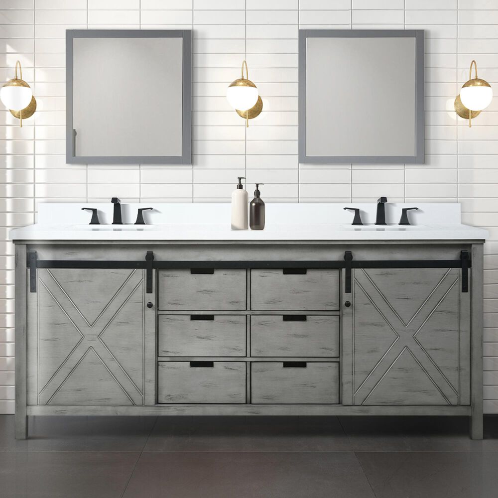 Lexora Home Marsyas 80&quot; Double Bathroom Vanity in Ash Grey with White Quartz Top and Rectangular Sinks, , large