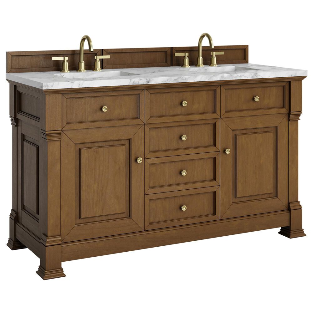 James Martin Vanities Brookfield 60" Double Bathroom Vanity in Honey Oak with 3 cm Carrara White Marble Top and Rectangular Sinks, , large