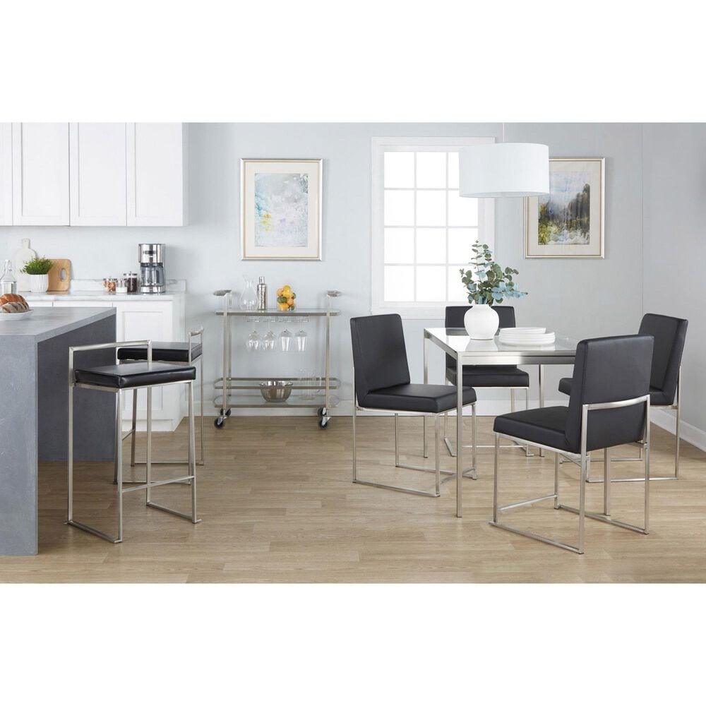LumiSource Fuji Stackable Counter Stool with Black Faux Leather in Brushed Stainless Steel &#40;Set of 2&#41;, , large