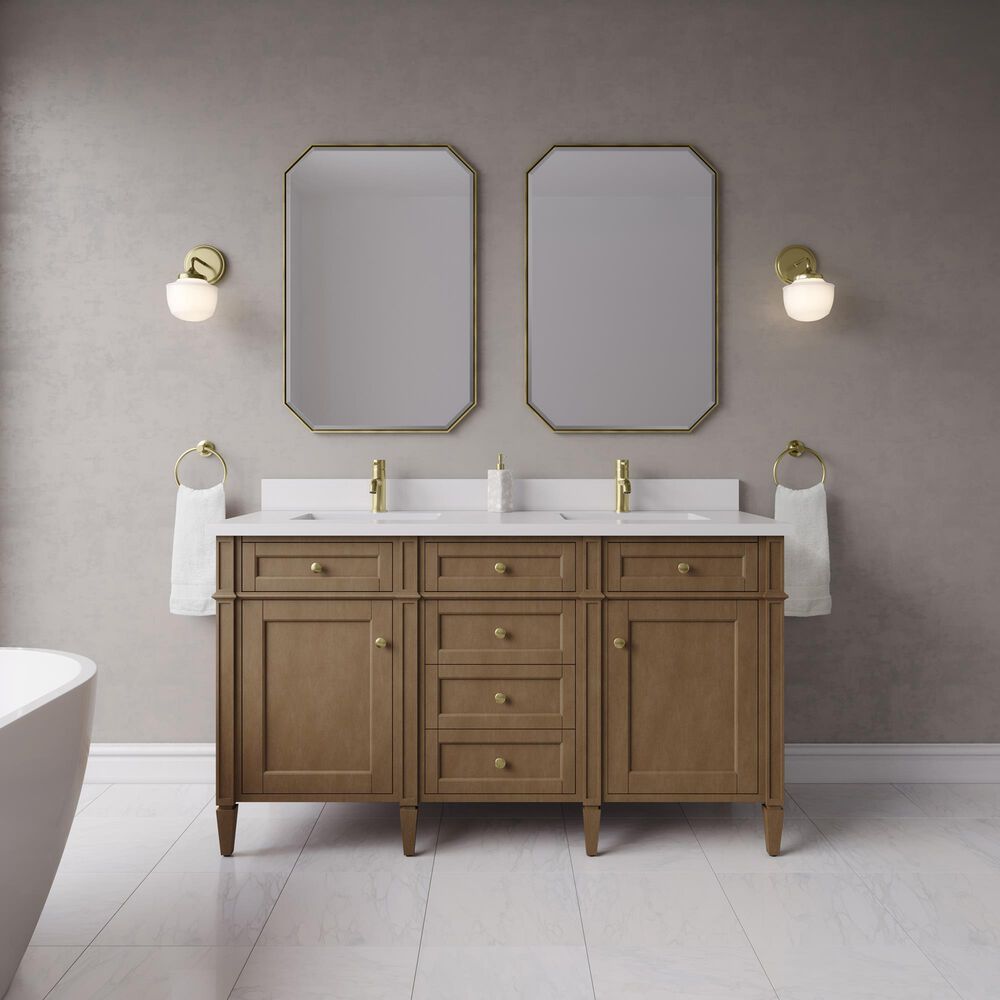James Martin Brittany 60" Double Bathroom Vanity in Pecan with Single Hole 3 cm White Zeus Silestone Top and Rectangular Sinks, , large