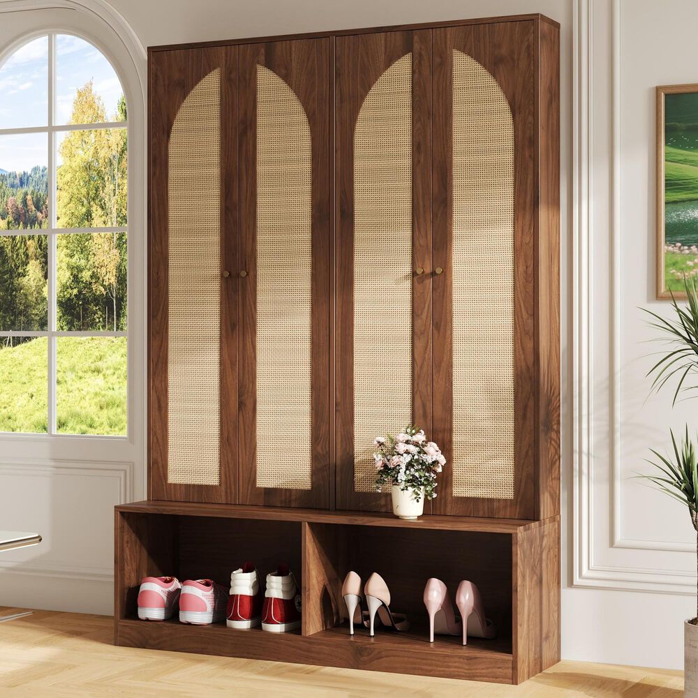 HOMLUX 6-Hook Hall Tree with 2-Rattan Doors in Walnut, , large