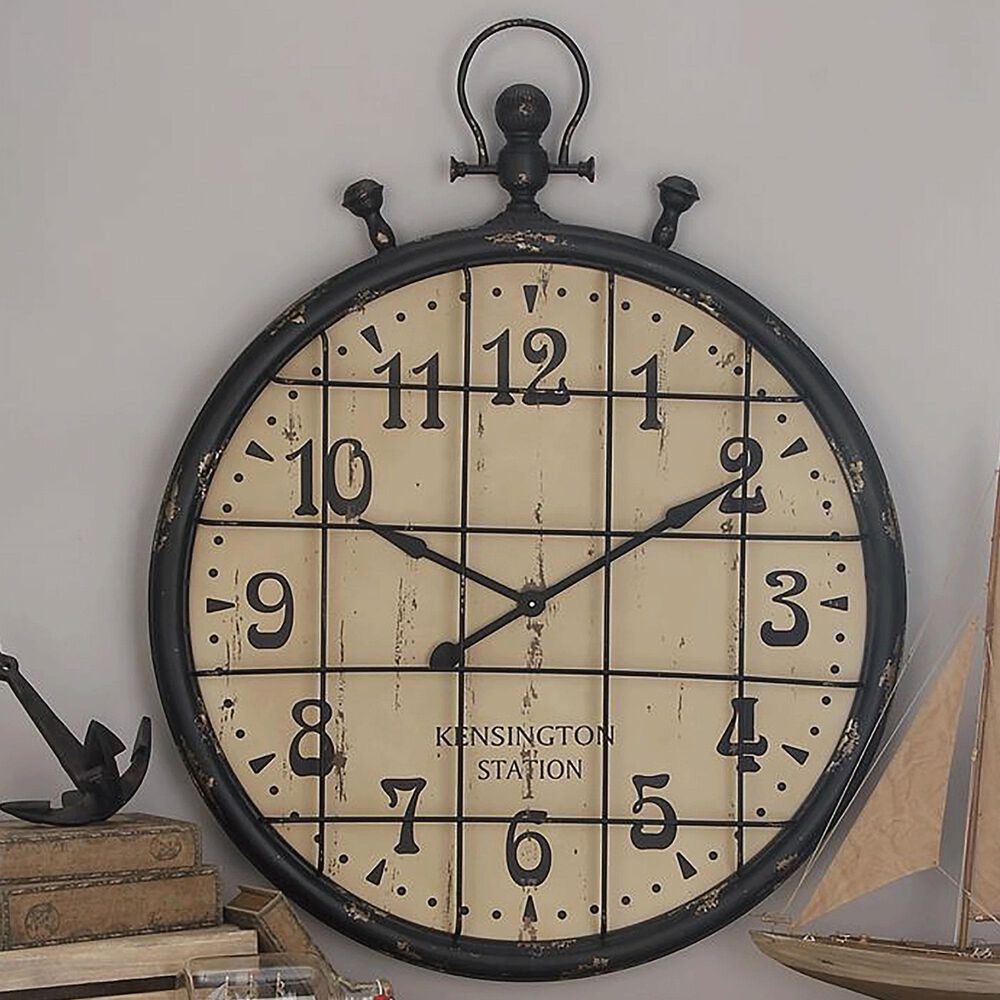 Maple and Jade 39&quot; Wall Clock in Distressed Black and Taupe, , large