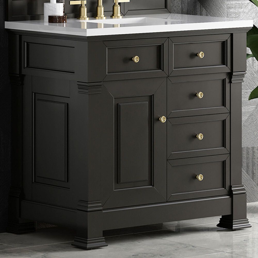 James Martin Vanities Brookfield 36&quot; Single Bathroom Vanity in Black Onyx with 3 cm White Zeus Quartz Top and Rectangular Sink, , large