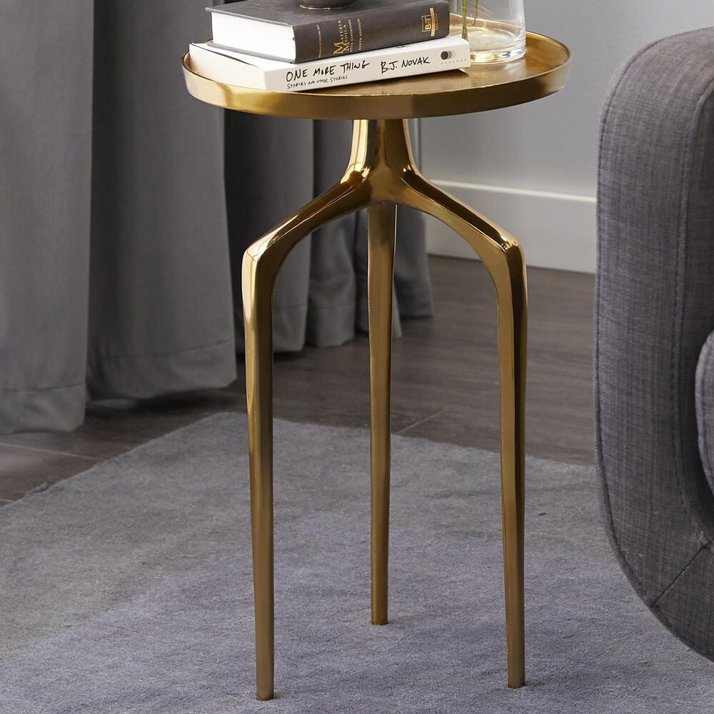 Maple and Jade 22&quot; Round End Table with 3 Tripod Legs in Polished Gold, , large