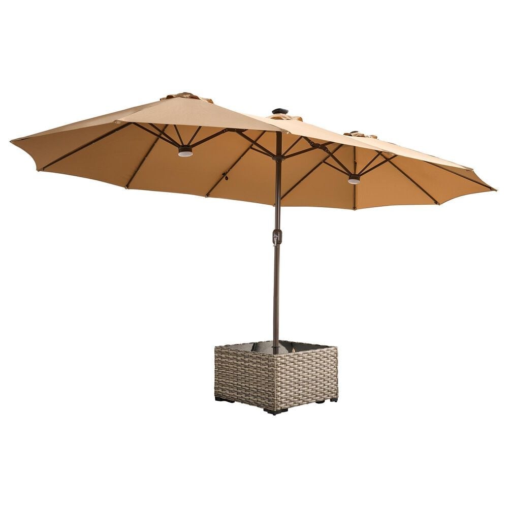 HOMLUX 2-Piece 14.5 ft Patio Umbrella and All-weather Rattan, Square Coffee Table Outdoor Set in Khaki, , large