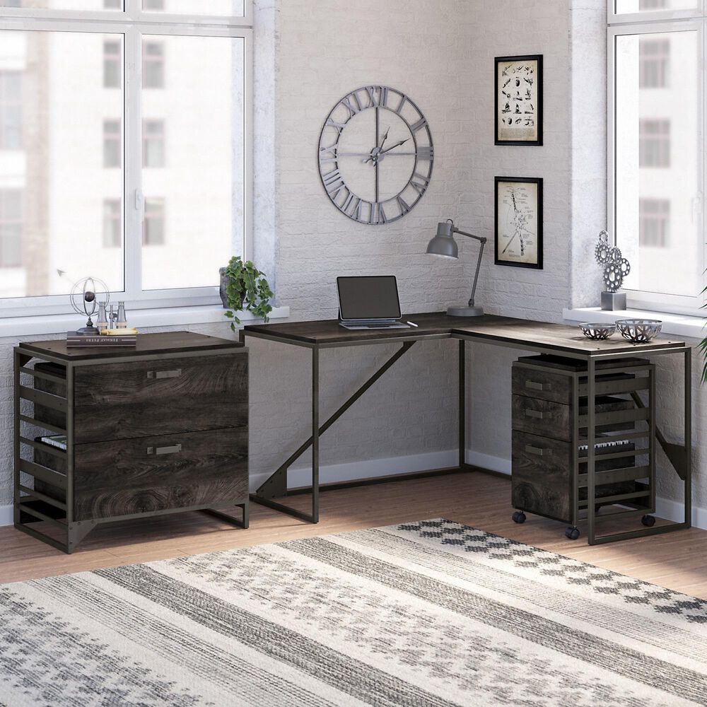 Bush Refinery 3 Piece Office Desk Set in Dark Gray Hickory Nebraska