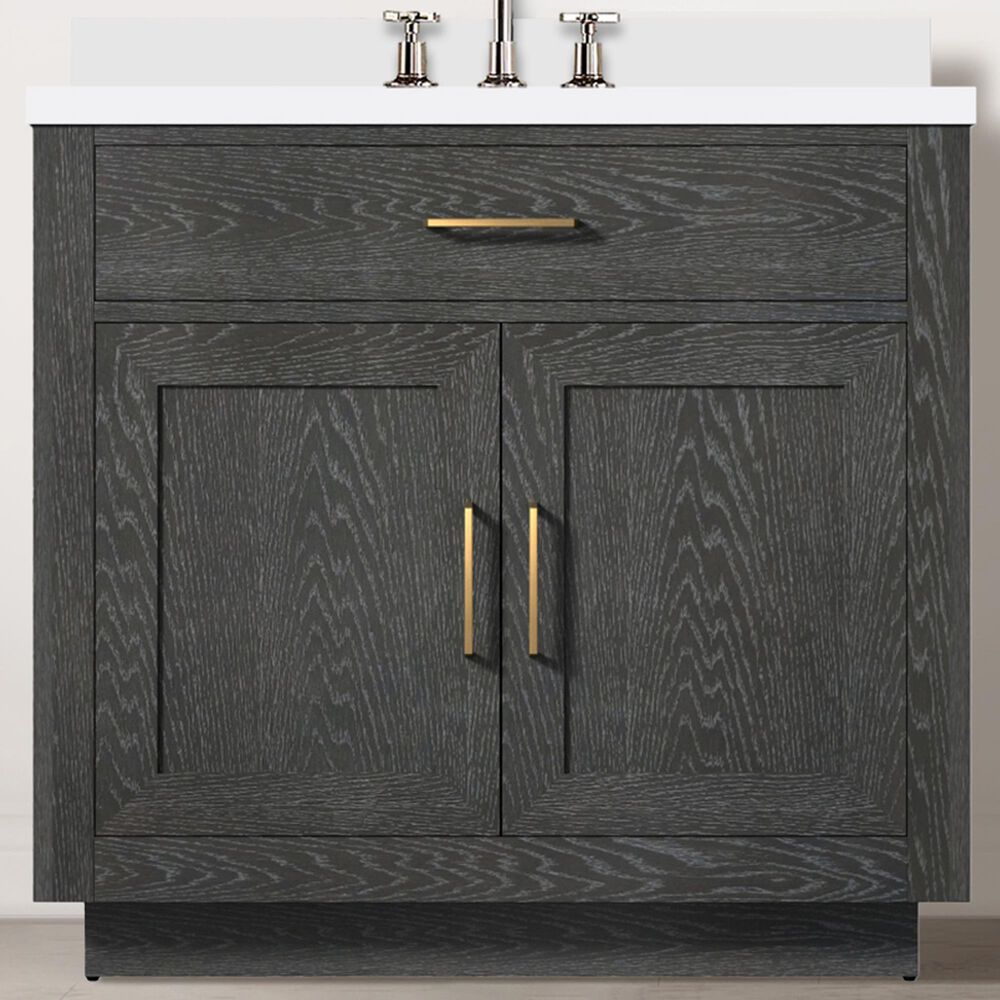 Lexora Home Abbey 36&quot; Single Bathroom Vanity in Black Oak with 2 cm White Quartz Top and Rectangular Sink, , large