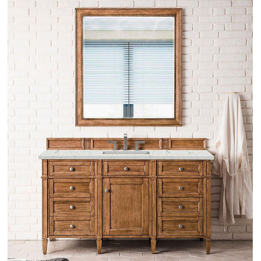 James Martin Vanities Brittany 60" Single Bathroom Vanity in Saddle Brown with 3 cm Eternal Jasmine Pearl Quartz Top and Rectangular Sink, , large