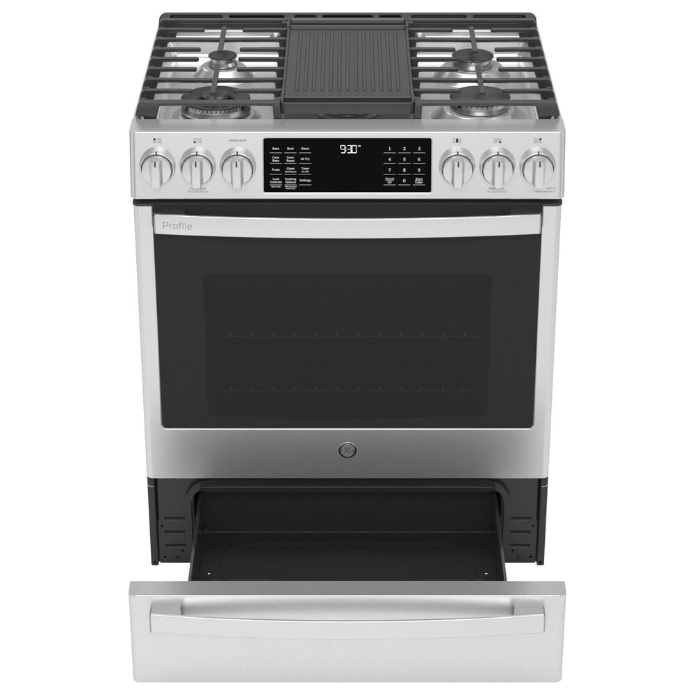 GE Profile 30" Dual Fuel SlideIn FrontControl Range in Fingerprint