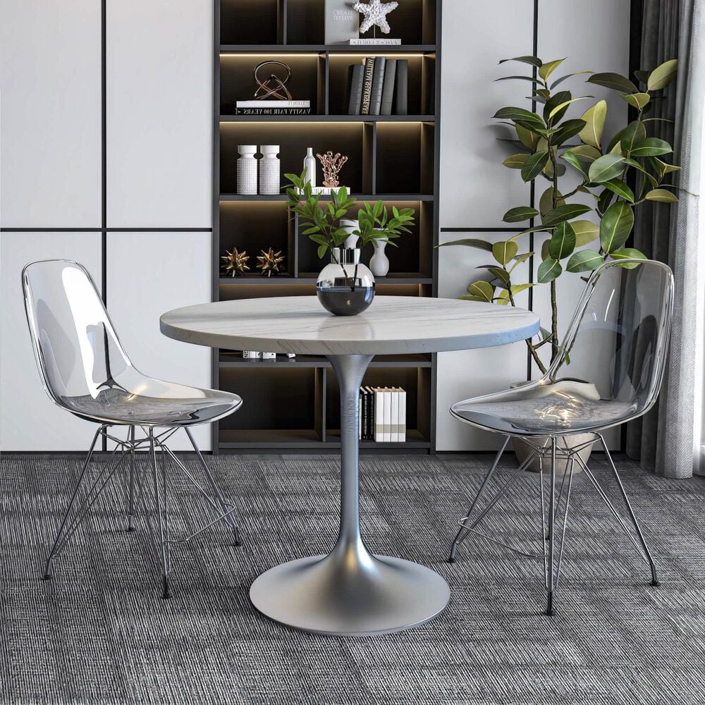 Leisuremod LeisureMod Verve Collection 36 Round Dining Table, Brushed Gold Base with Laminated White Marbleized Top, , large