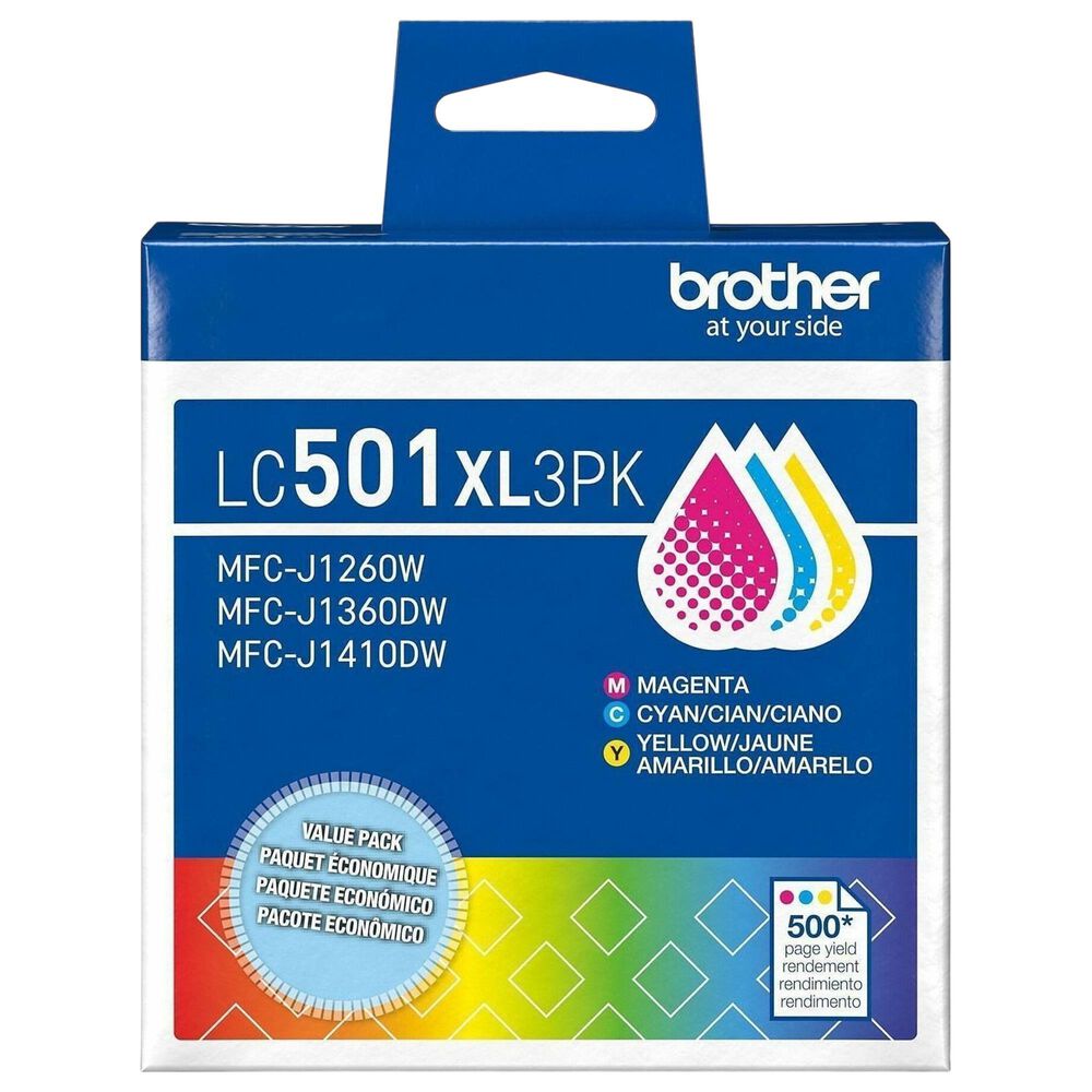Brother 3-Pack LC501XL3PKS High Yield Ink Cartridges in Cyan, Magenta, and Yellow, , large
