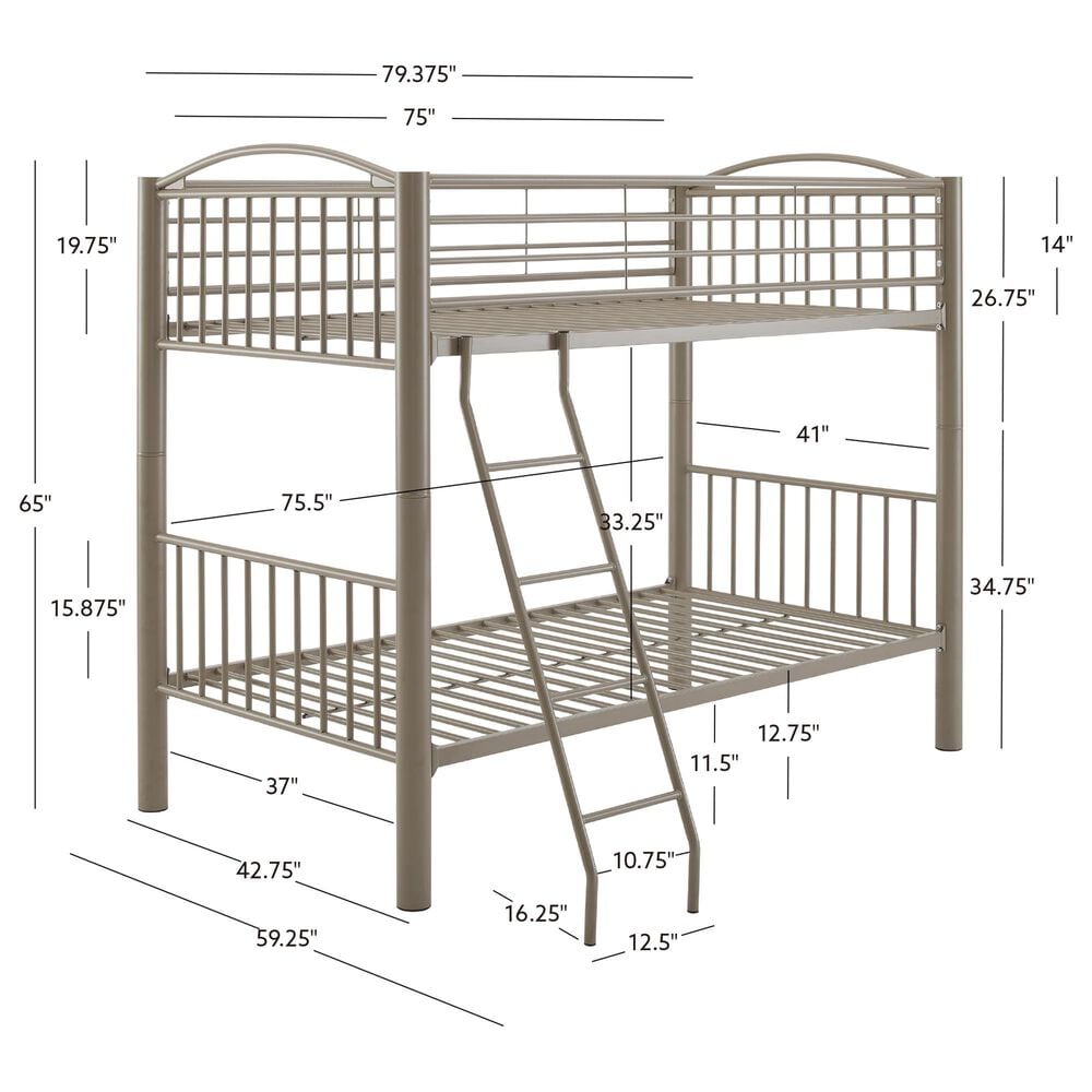 Linon Home Decor Heavy Twin Over Twin Bunk Bed in Pewter, , large