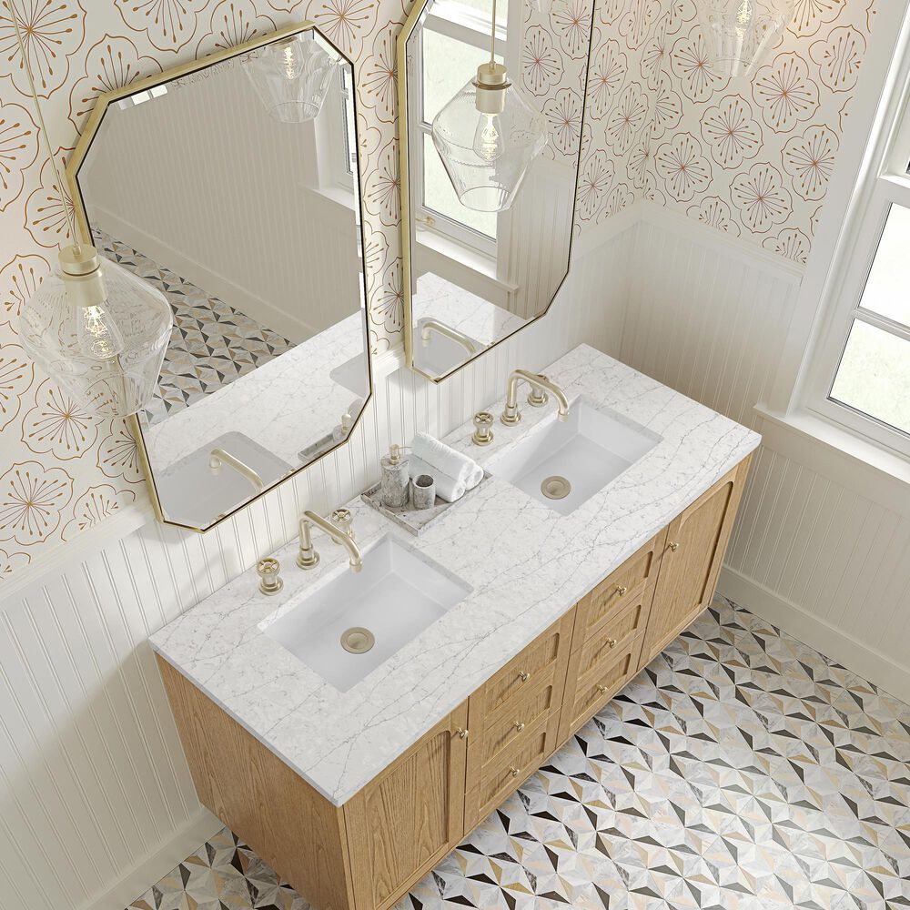 James Martin Vanities Laurent 60" Double Bathroom Vanity in Light Natural Oak with 3 cm Ethereal Noctis Silestone Top, Rectangular Sinks and FreePower Wireless Charger, , large