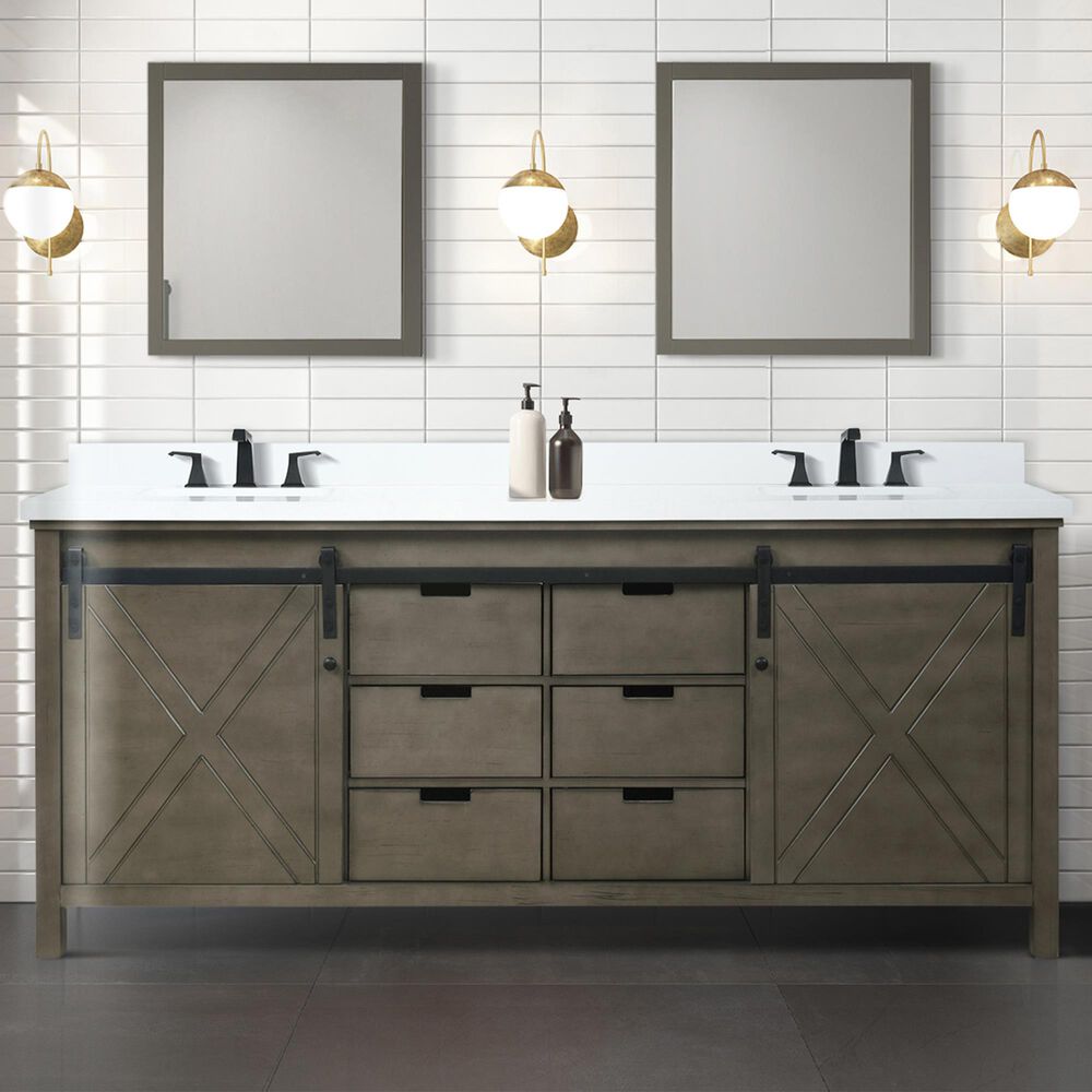 Lexora Home Marsyas 80&quot; Double Bathroom Vanity in Rustic Brown with White Quartz Top and Rectangular Sinks, , large