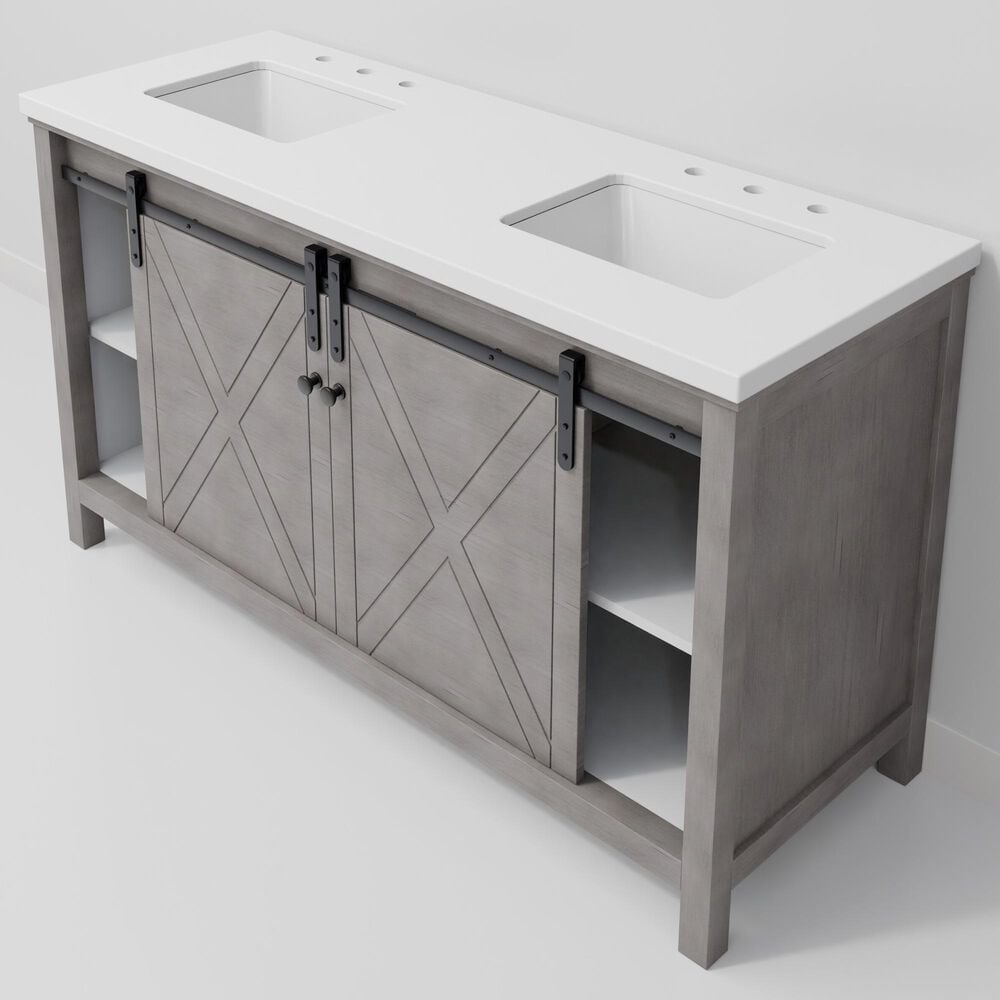 Lexora Home Marsyas 60" Double Bathroom Vanity in Ash Grey with White Quartz Top and Rectangular Sinks, , large