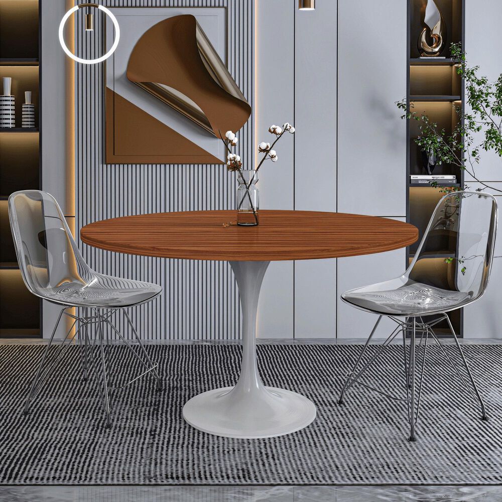 Leisuremod LeisureMod Verve Collection 48 Round Dining Table, White Base with Cognac Brown MDF Top, , large